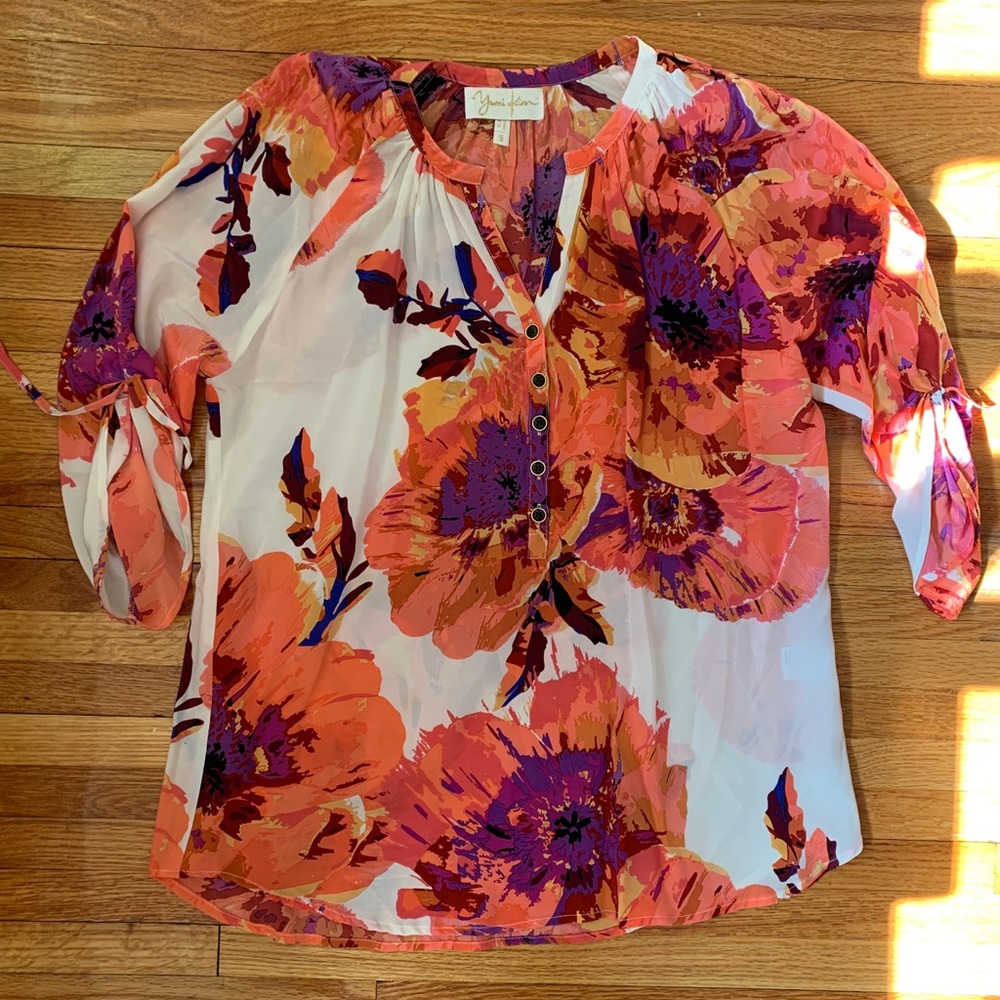 Yumi Kim Silk Flower floral three quarter tie sleeve top medium blouse